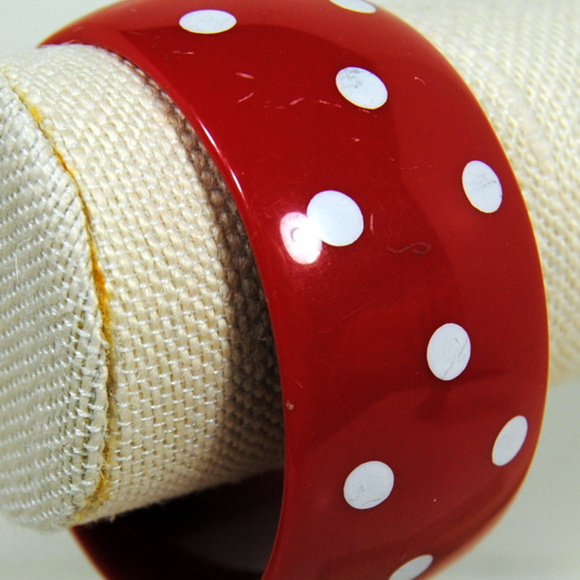 Bangle Bracelet Red with White Dots Plastic Boho - Picture 3 of 3